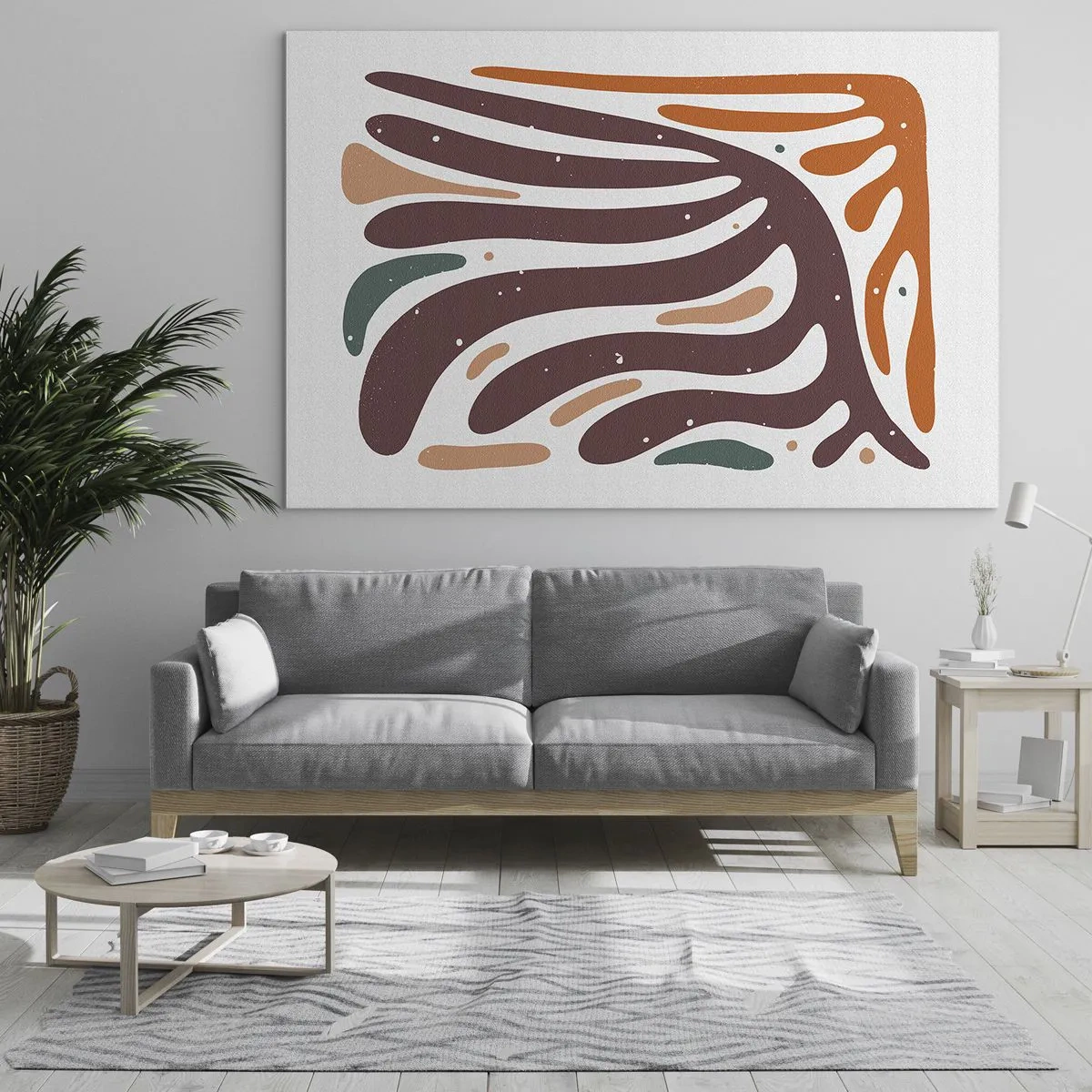 Quadro su vetro - Forme astratte nei toni del marrone e dell'arancione che si irradiano su uno sfondo bianco - 70x50cm - Composizione organica raggiante - Decorazione murale moderna per soggiorno e camera da letto ARTTOR
