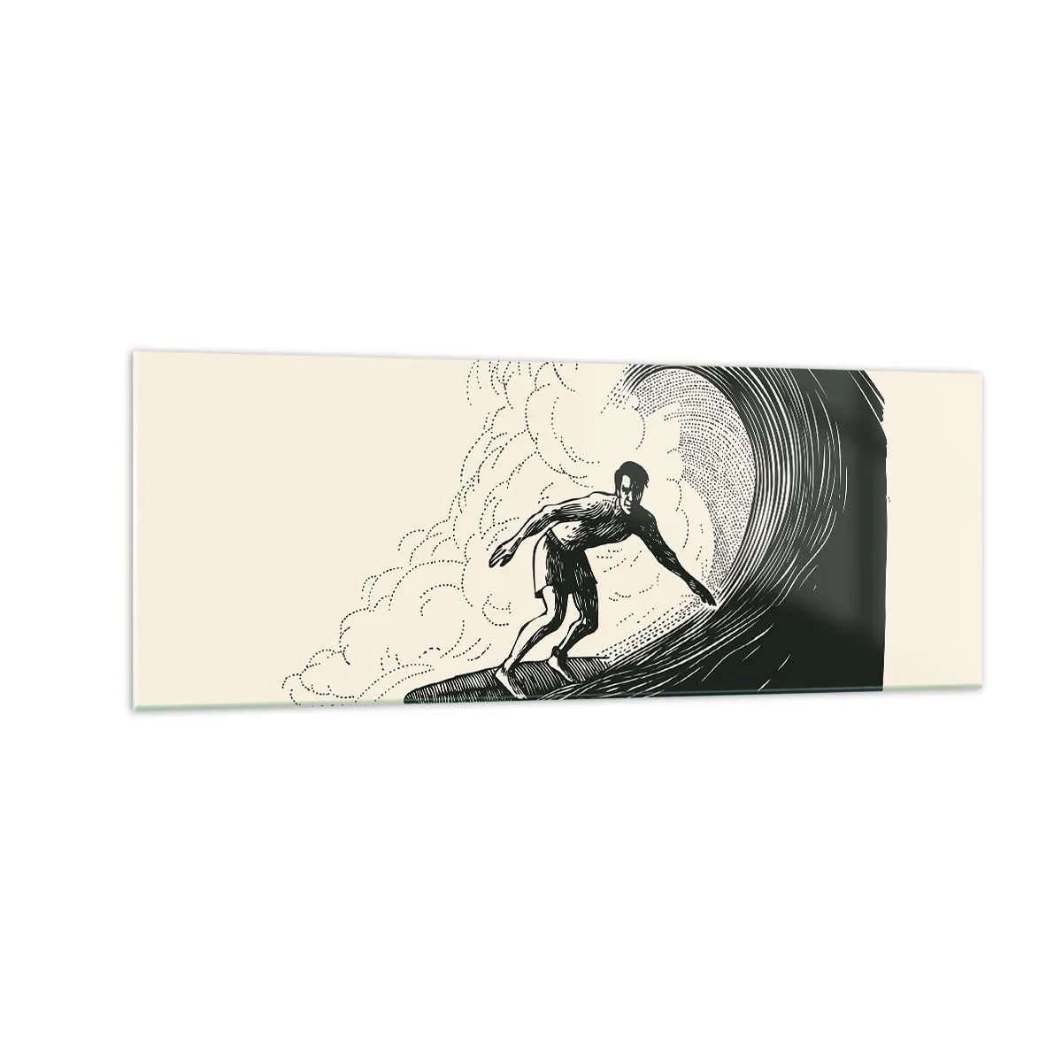 Quadro su vetro - Grafica in bianco e nero di un surfista che cavalca un'onda - 140x50cm - Il re delle onde - Decorazione murale moderna per soggiorno e camera da letto ARTTOR