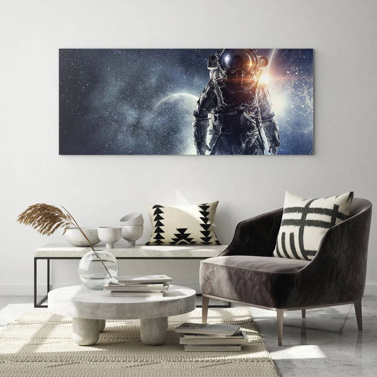 Quadro su vetro - Astronauta sullo sfondo dello spazio e del pianeta Terra - 120x50cm - Avventura nello spazio - Decorazione murale moderna per soggiorno e camera da letto ARTTOR