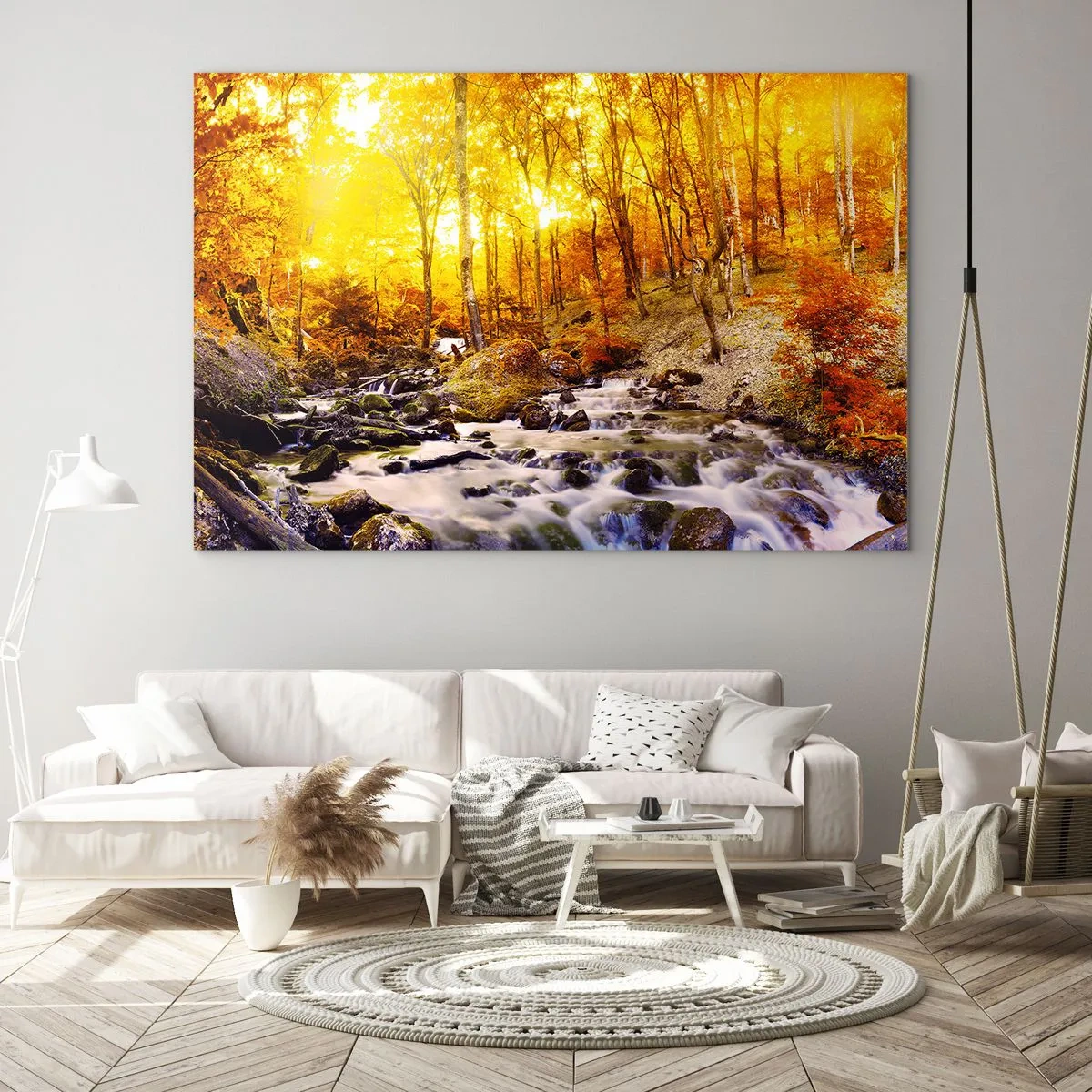 Quadro su vetro - Foresta autunnale con un fiume nei raggi di luce calda - 100x70cm - Pietre incorniciate in oro e platino - Decorazione murale moderna per soggiorno e camera da letto ARTTOR