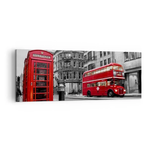 Quadro su tela - Stampe su Tela - Una cabina telefonica rossa e un autobus a due piani a Londra con la città sullo sfondo - 140x50cm - Il più rosso d'Europa - Decorazione murale moderna per soggiorno e camera da letto ARTTOR