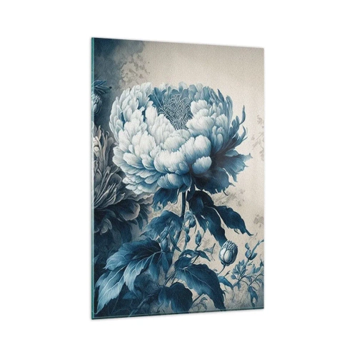Quadro su vetro - Peonie blu su uno sfondo tenue con un motivo delicato - 80x120cm - Coppia perfetta - Decorazione murale moderna per soggiorno e camera da letto ARTTOR