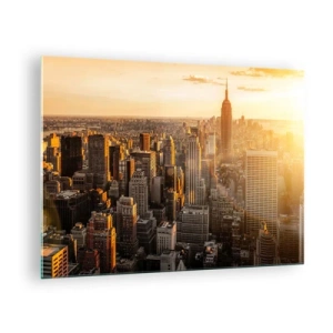 Quadro su vetro - Skyline di New York City al tramonto - 70x50cm - Crescere al sole - Decorazione murale moderna per soggiorno e camera da letto ARTTOR