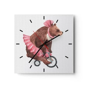 Orologio da parete - Orologio in Vetro - Un orsacchiotto con una gonna rosa su una bicicletta in stile retrò - 30x30cm - Evviva il circo! - Decorazione murale moderna per soggiorno e camera da letto ARTTOR