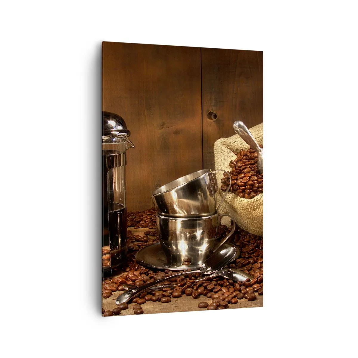 Quadro su tela - Stampe su Tela - French press, tazze e una busta di caffè su uno sfondo di legno - 80x120cm - Magia del caffè: aroma e sapore - Decorazione murale moderna per soggiorno e camera da letto ARTTOR