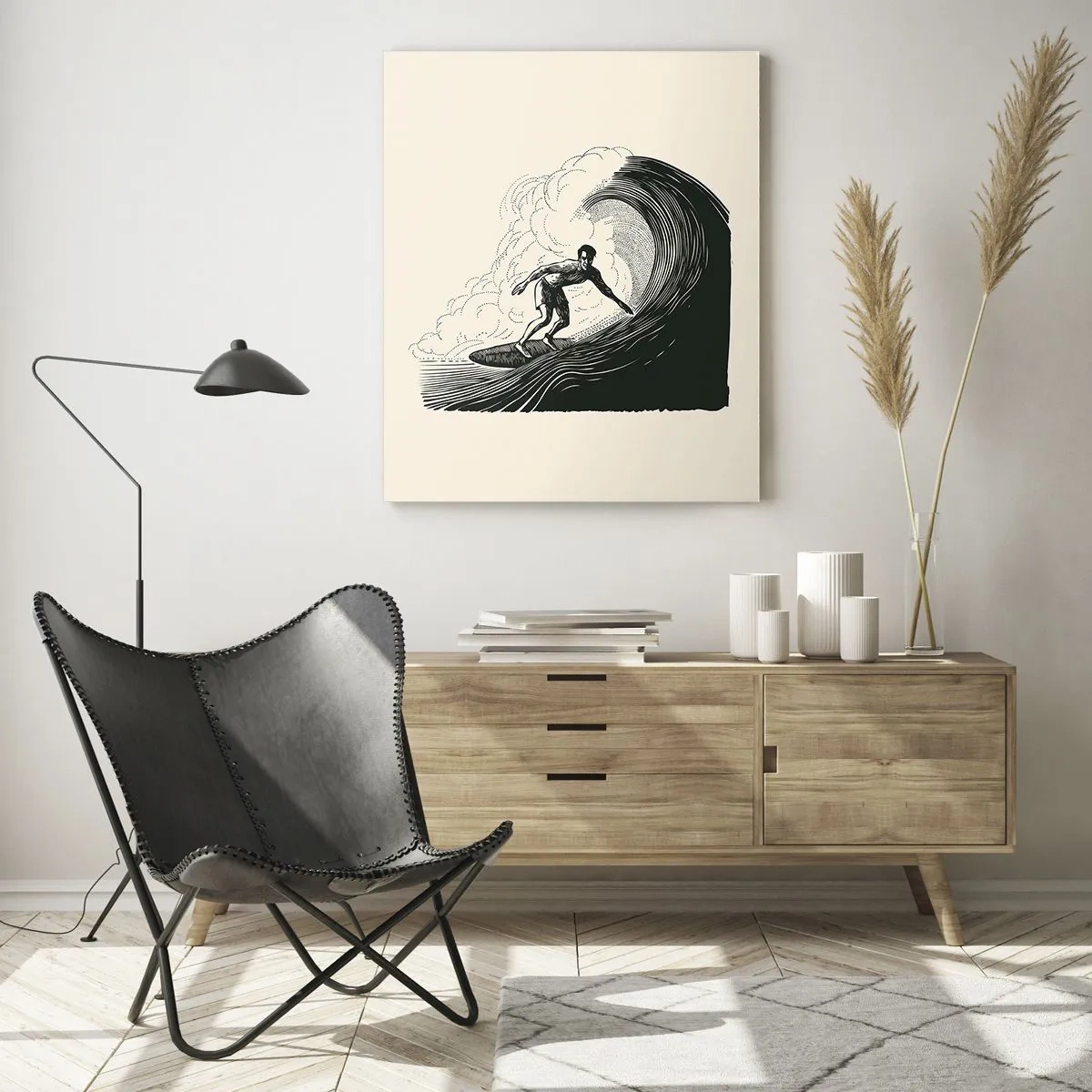 Quadro su vetro - Grafica in bianco e nero di un surfista che cavalca un'onda - 80x120cm - Il re delle onde - Decorazione murale moderna per soggiorno e camera da letto ARTTOR