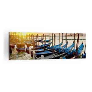 Quadro su tela - Stampe su Tela - Gondole a Venezia al mattino alla luce del sole nascente - 160x50cm - Prima che arrivi il frastuono - Decorazione murale moderna per soggiorno e camera da letto ARTTOR