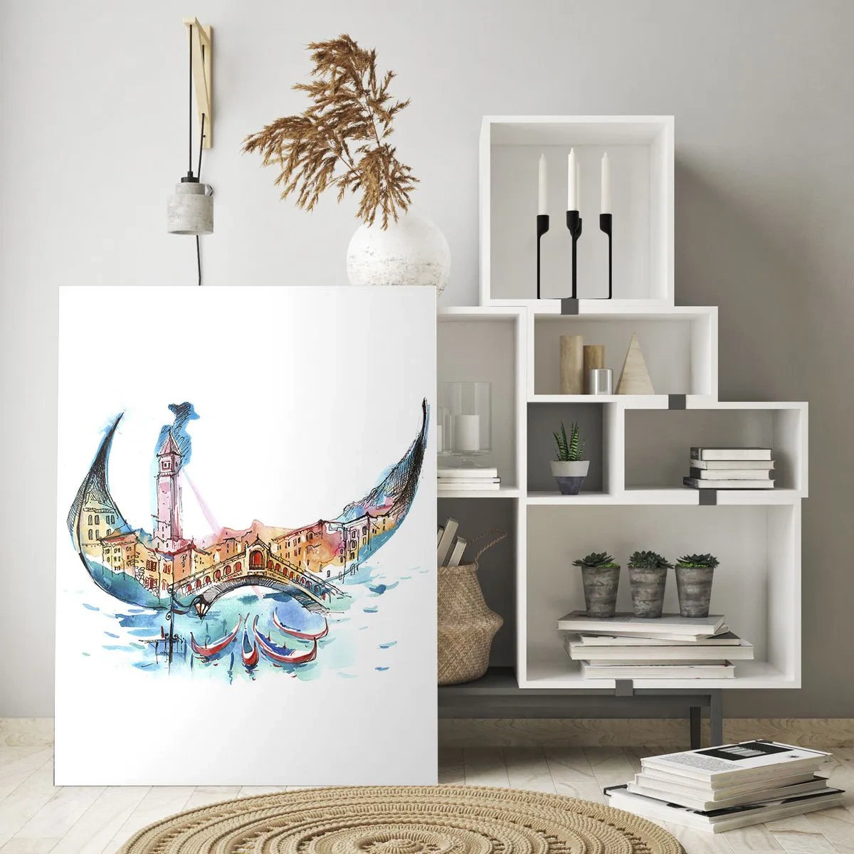 Quadro su vetro - Panorama acquerello di Venezia a forma di maschera - 50x70cm - Navighiamo dentro la città - Decorazione murale moderna per soggiorno e camera da letto ARTTOR