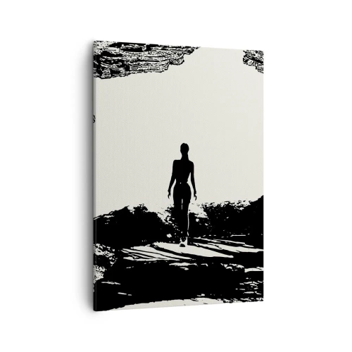 Quadro su tela - Stampe su Tela - Silhouette in bianco e nero di una donna in una grotta contro il cielo - 50x70cm - Un nuovo sguardo - Decorazione murale moderna per soggiorno e camera da letto ARTTOR