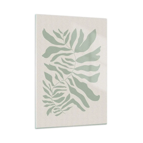 Quadro su vetro - Un ramo di smeraldo con forme organiche su uno sfondo chiaro - 50x70cm - Ramo smeraldo - Decorazione murale moderna per soggiorno e camera da letto ARTTOR