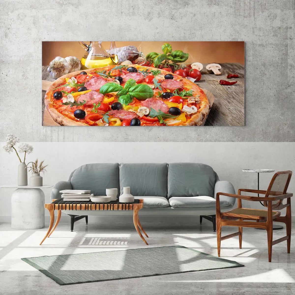 Quadro su vetro - Pizza appetitosa su un tavolo di legno con condimenti - 160x50cm - Con gusto veramente italiano - Decorazione murale moderna per soggiorno e camera da letto ARTTOR