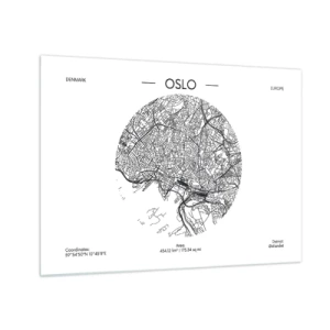 Quadro su vetro - Mappa della città di Oslo in stile grafico in bianco e nero - 70x50cm - Anatomia di Oslo - Decorazione murale moderna per soggiorno e camera da letto ARTTOR