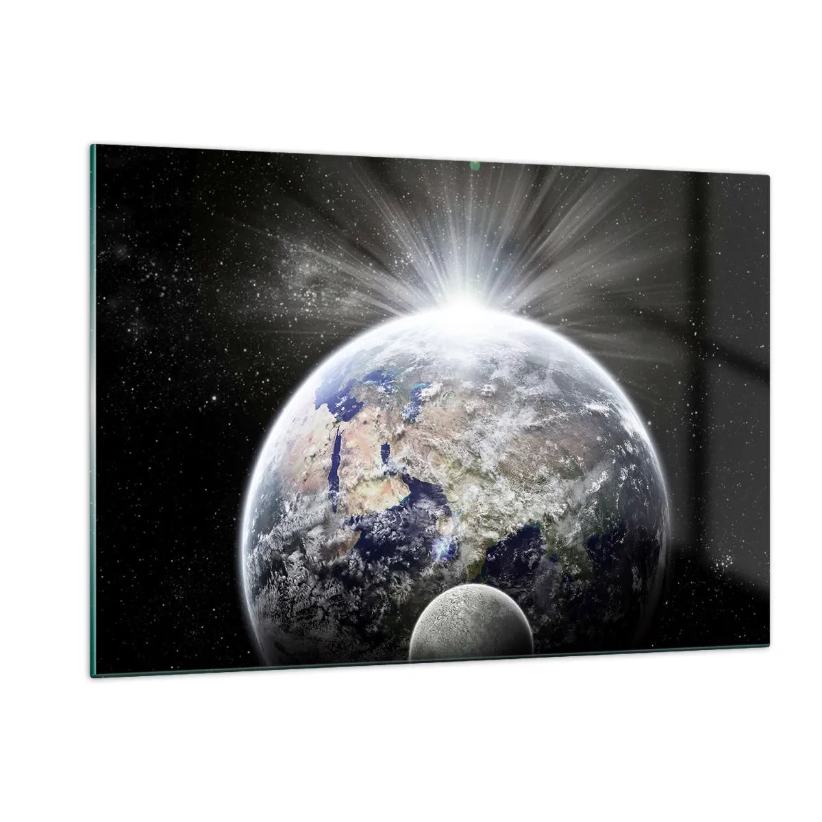 Quadro su vetro - La Terra e la Luna in uno scenario spaziale - 120x80cm - In pieno splendore - Decorazione murale moderna per soggiorno e camera da letto ARTTOR