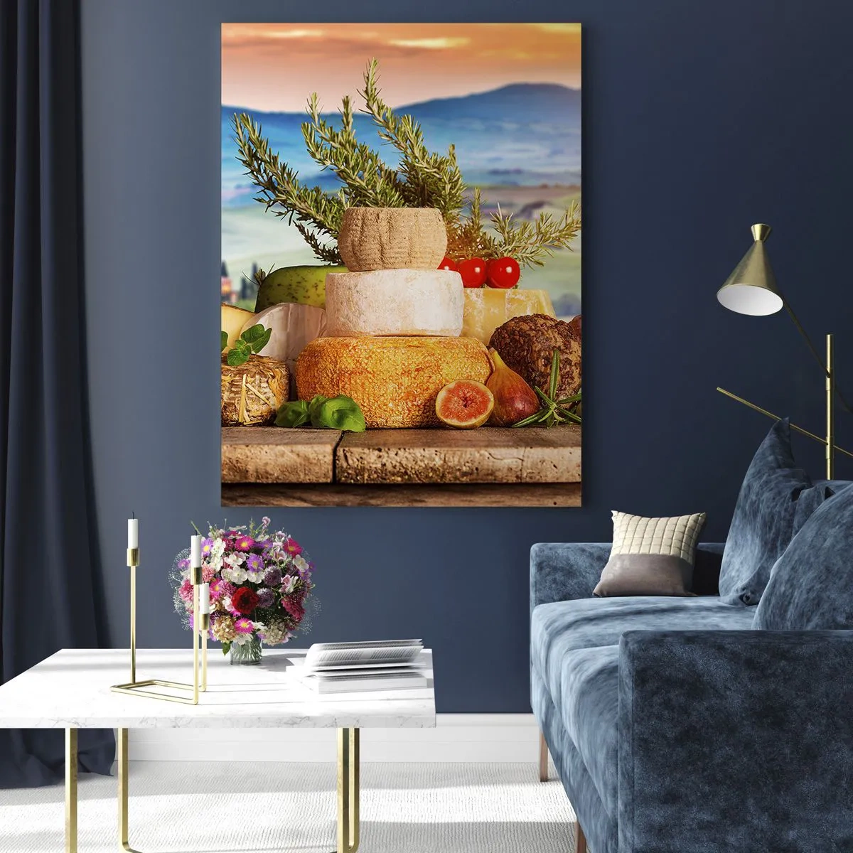 Quadro su vetro - Una composizione di formaggi e frutta sullo sfondo del paesaggio toscano - 50x70cm - La gioia italiana della vita - Decorazione murale moderna per soggiorno e camera da letto ARTTOR