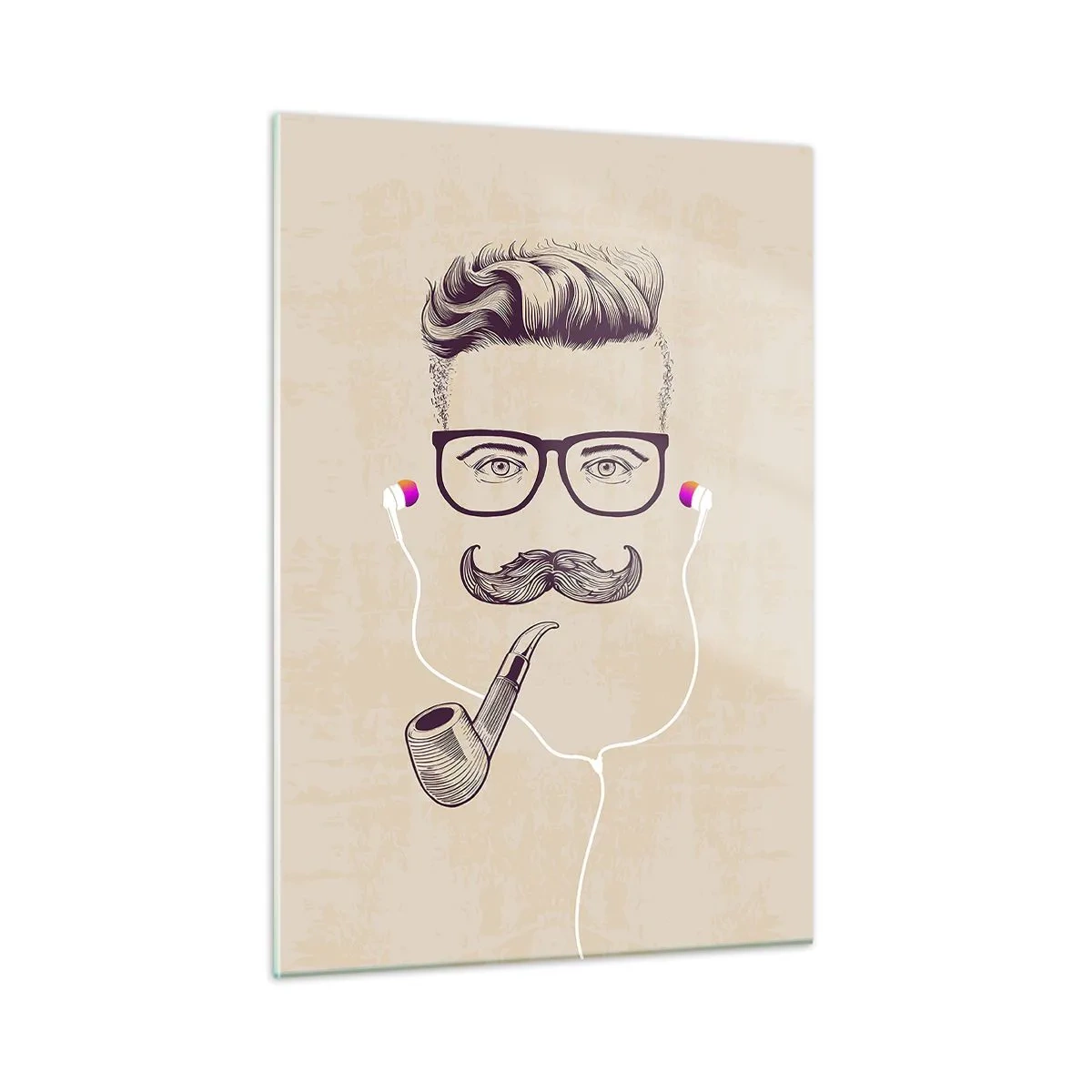 Quadro su vetro - Disegno di un uomo stilizzato con occhiali, baffi e pipa. - 50x70cm - Un vero uomo? - Decorazione murale moderna per soggiorno e camera da letto ARTTOR