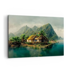 Quadro su tela - Stampe su Tela - Un'isola tropicale con palme e montagne sullo sfondo - 120x80cm - Paradiso tropicale - Decorazione murale moderna per soggiorno e camera da letto ARTTOR