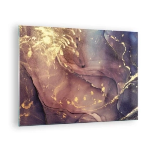 Quadro su vetro - Una composizione astratta con macchie e struttura viola e oro. - 70x50cm - Materia e spirito - Decorazione murale moderna per soggiorno e camera da letto ARTTOR