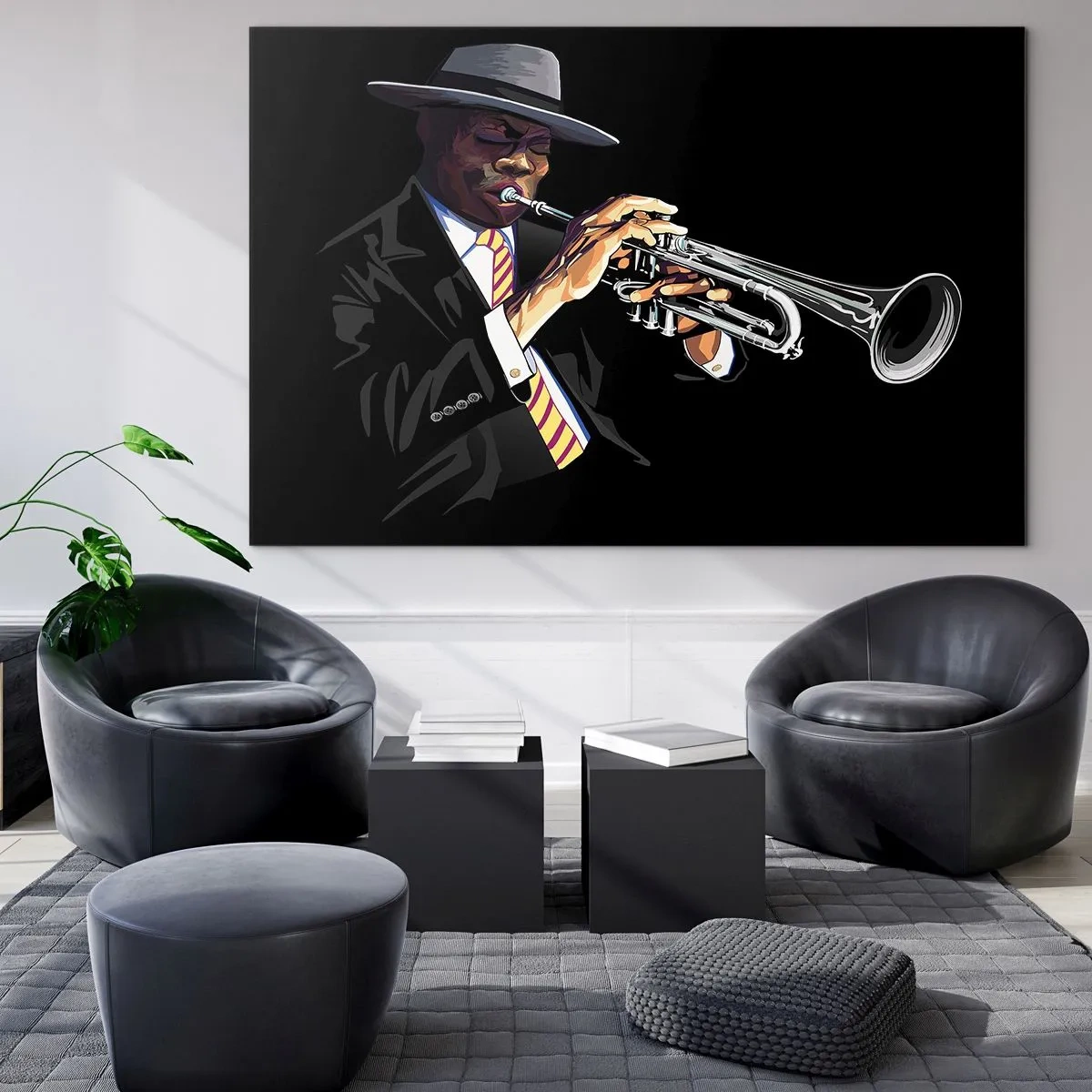 Quadro su vetro - Un musicista nero con una tromba e un cappello su uno sfondo nero - 70x50cm - Il fascino della Old School - Decorazione murale moderna per soggiorno e camera da letto ARTTOR