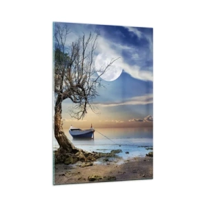 Quadro su vetro - Un albero solitario e una barca su acque calme sotto la luna piena. - 80x120cm - È la fine o l'inizio? - Decorazione murale moderna per soggiorno e camera da letto ARTTOR