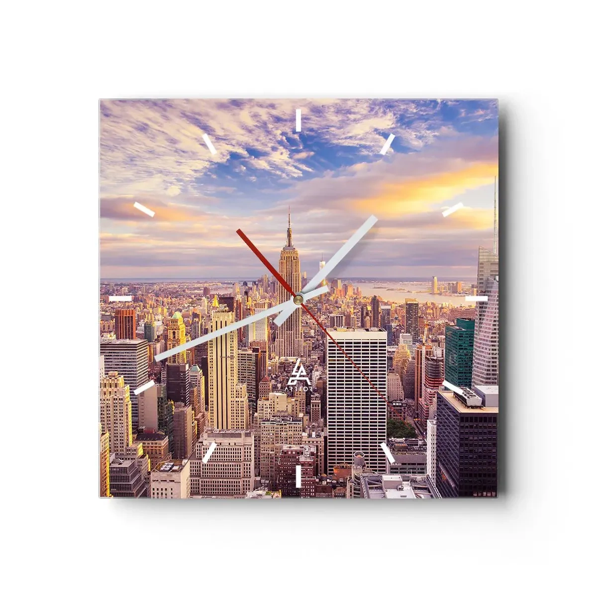 Orologio da parete - Orologio in Vetro - Panorama di una città moderna con grattacieli al tramonto - 30x30cm - Toccando le nuvole - Decorazione murale moderna per soggiorno e camera da letto ARTTOR