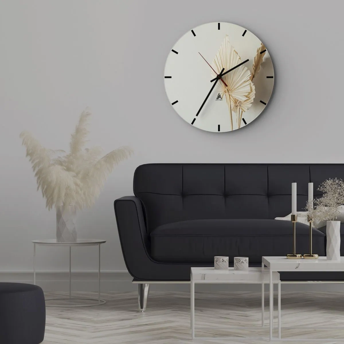 Orologio da parete - Orologio in Vetro - Foglie di palma secche su sfondo beige in stile boho - 30x30cm - Quando serve il sollievo - Decorazione murale moderna per soggiorno, cucina e camera da letto ARTTOR
