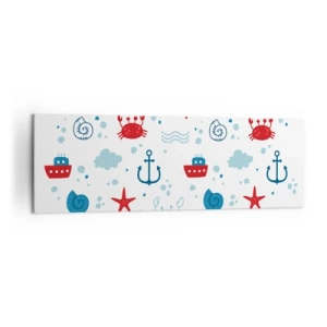 Quadro su tela - Stampe su Tela - Motivo nautico con ancore, navi e granchi - 160x50cm - Favola nel mare - Decorazione murale moderna per soggiorno e camera da letto ARTTOR