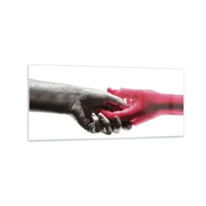 Quadro su vetro - Mani simboliche in argento e rosso - 120x50cm - Insieme, sebbene diversi - Decorazione murale moderna per soggiorno e camera da letto ARTTOR