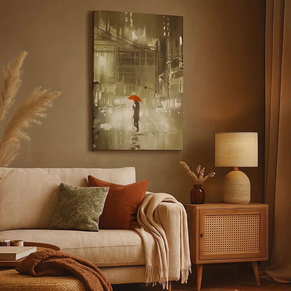 Quadro su tela - Stampe su Tela - Una figura con un ombrello rosso in una città piovosa - 50x70cm - Sola ma non solitaria - Decorazione murale moderna per soggiorno e camera da letto ARTTOR