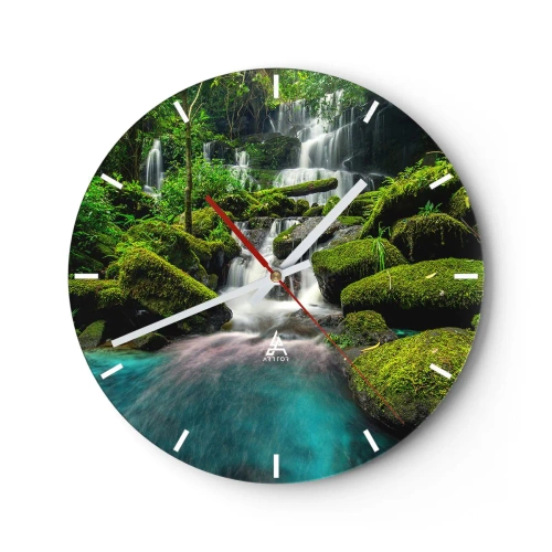 Orologio da parete - Orologio in Vetro - Una cascata verde con un lago turchese circondato dal muschio - 30x30cm - Turchese, zaffiro e argento liquido - Decorazione murale moderna per soggiorno, cucina e camera da letto ARTTOR