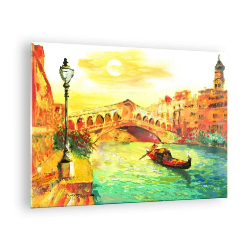 Quadro su vetro - Canale con gondola e ponte sotto i raggi del sole al tramonto - 70x50cm - Il pellegrinaggio degli innamorati - Decorazione murale moderna per soggiorno e camera da letto ARTTOR