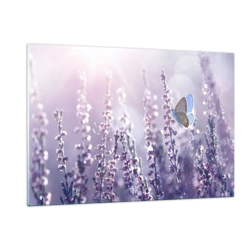 Quadro su vetro - Una farfalla in un campo di lavanda al sole - 120x80cm - Il bacio della farfalla - Decorazione murale moderna per soggiorno e camera da letto ARTTOR