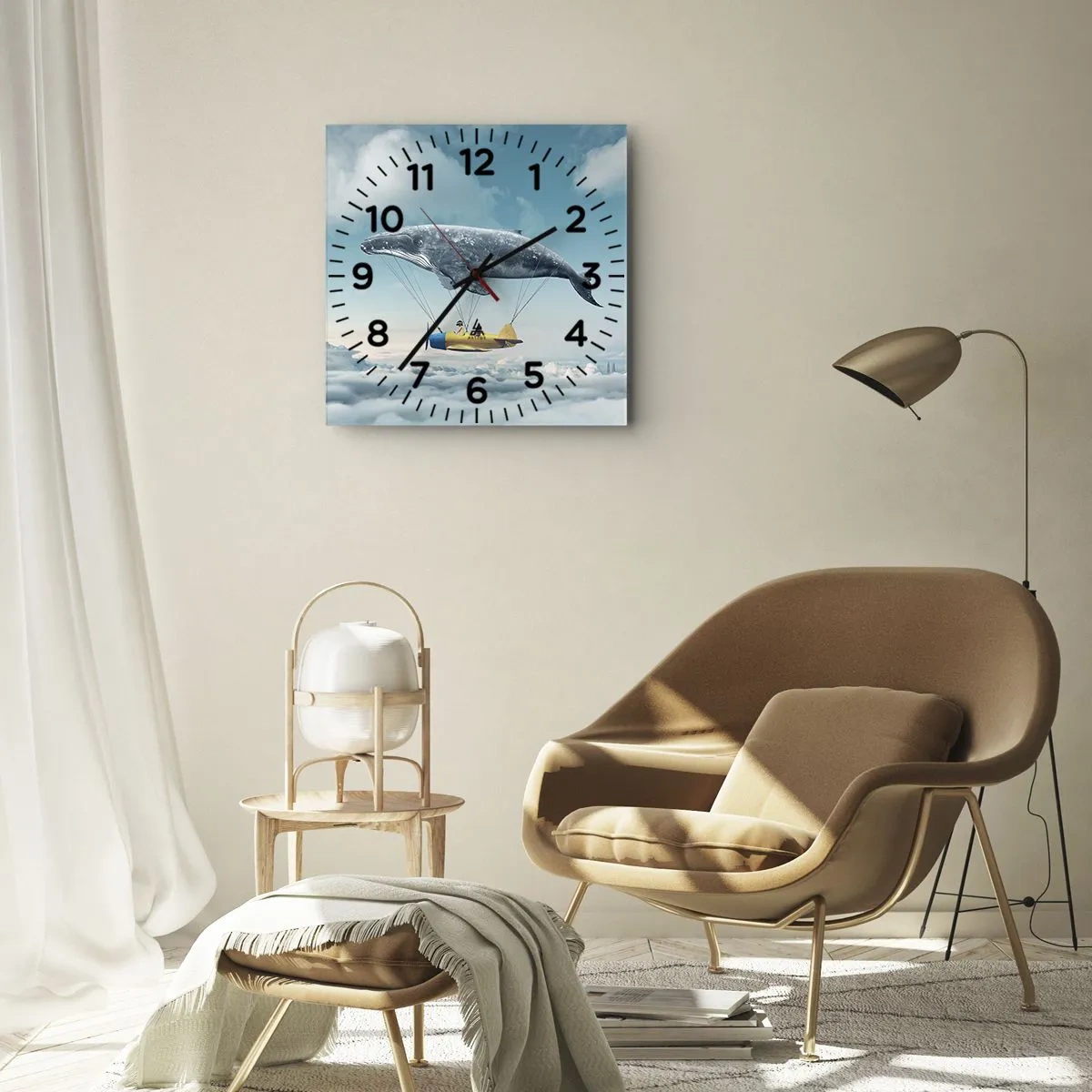 Orologio da parete - Orologio in Vetro - Una balena volante trasporta un aereo in un'ambientazione surreale. - 30x30cm - Perché no? - Decorazione murale moderna per soggiorno e camera da letto ARTTOR