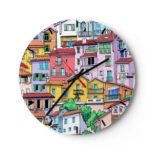 Orologio da parete - Orologio in Vetro - Case popolari colorate in stile illustrativo - 30x30cm - Città allegra - Decorazione murale moderna per soggiorno, cucina e camera da letto ARTTOR