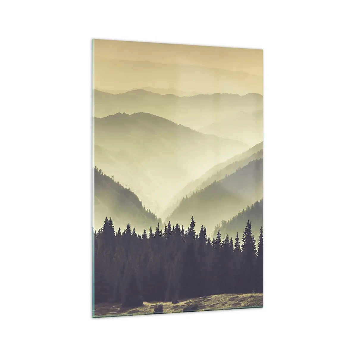 Quadro su vetro - Pittoresche catene montuose avvolte nella nebbia in una luce calda - 70x100cm - Dopo sette montagne… - Decorazione murale moderna per soggiorno e camera da letto ARTTOR