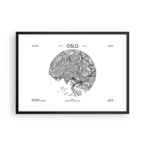 Poster in cornice nera - Una mappa di Oslo in stile minimalista in bianco e nero. - 70x50cm - Anatomia di Oslo - Decorazione murale moderna per soggiorno e camera da letto ARTTOR