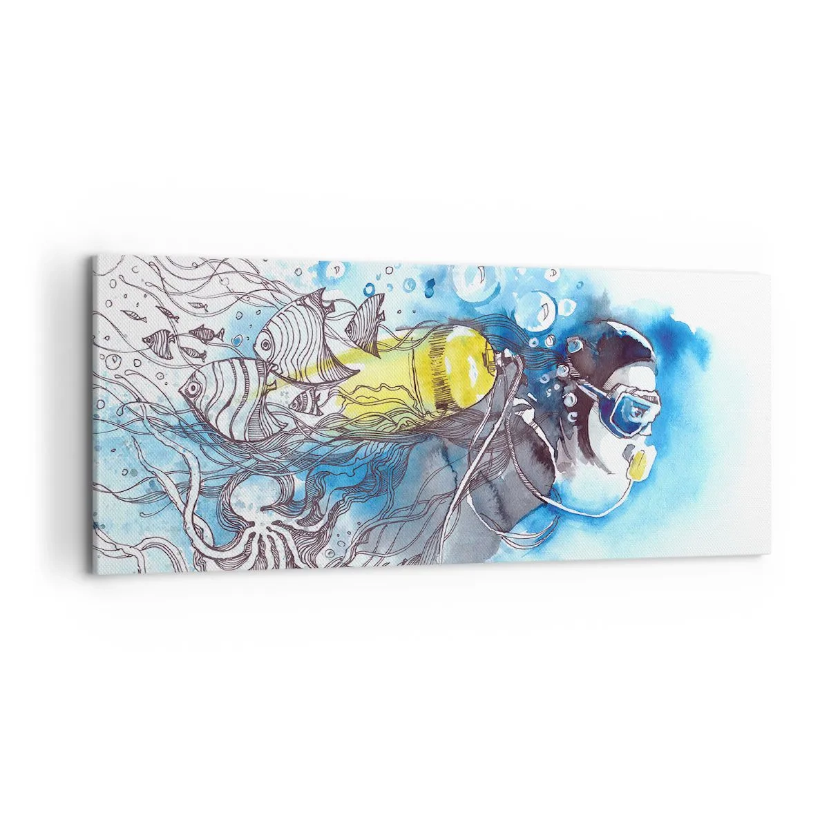 Quadro su tela - Stampe su Tela - Scena subacquea con un subacqueo e pesci esotici - 120x50cm - Il grande blu - Decorazione murale moderna per soggiorno e camera da letto ARTTOR