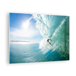 Quadro su vetro - Un surfista cavalca un'onda contro un cielo blu - 70x50cm - Sempre sull'onda - Decorazione murale moderna per soggiorno e camera da letto ARTTOR