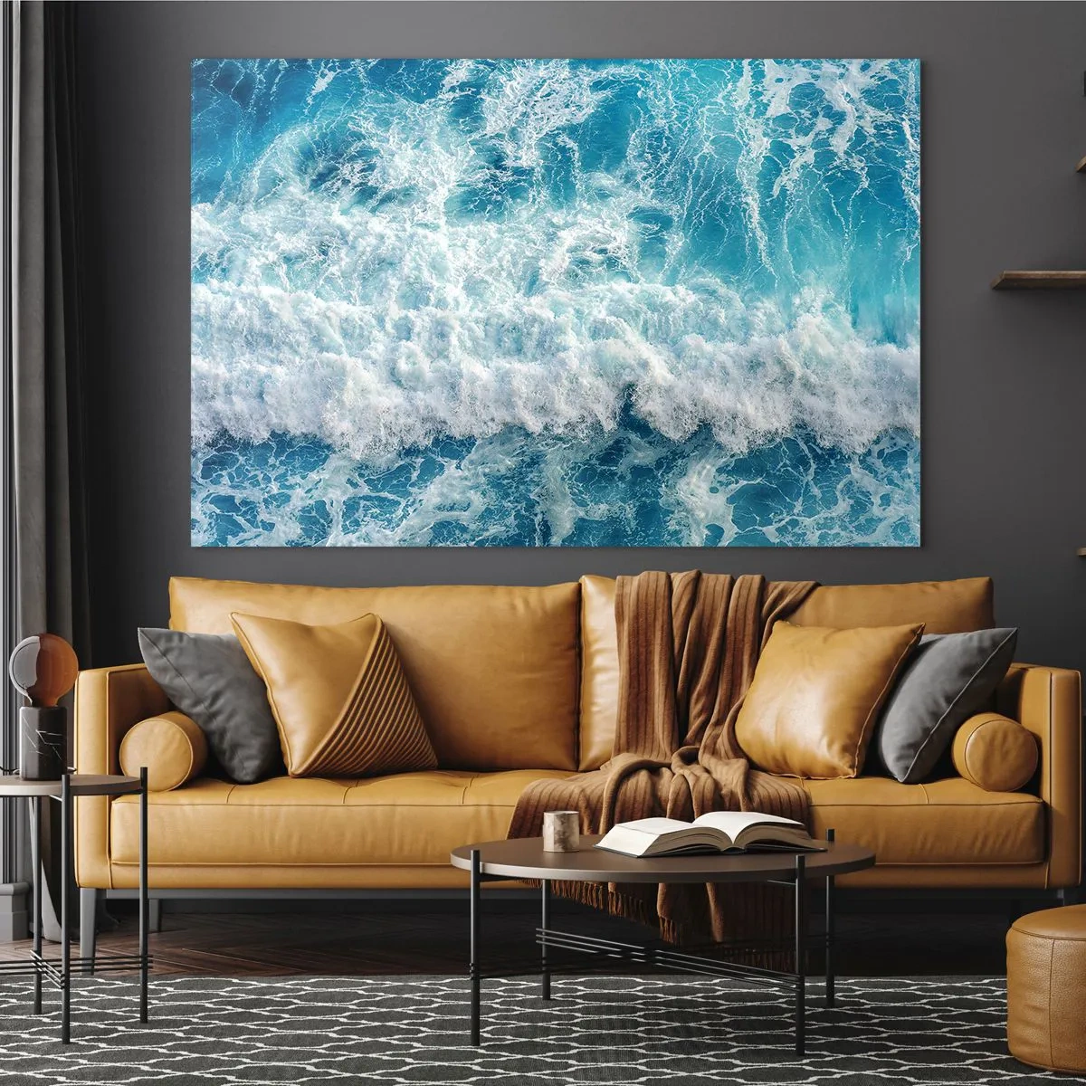 Quadro su vetro - Onde blu che si infrangono sulla riva - 120x80cm - Con gioia e saltellando - Decorazione murale moderna per soggiorno e camera da letto ARTTOR