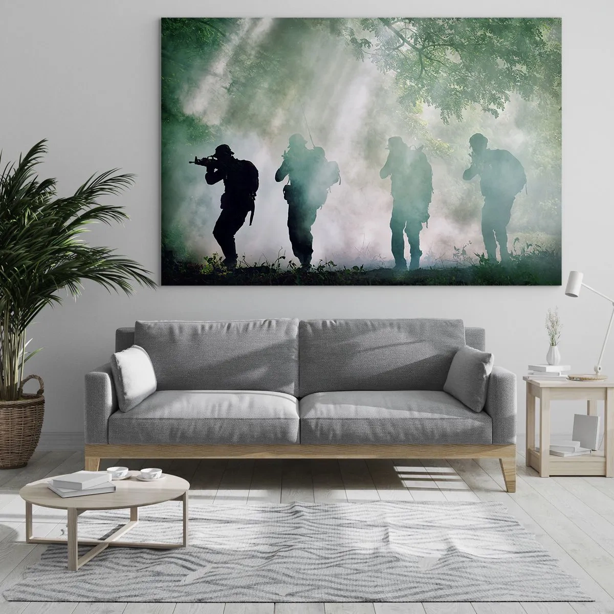 Quadro su vetro - Un gruppo di soldati in fumo, che camminano nella foresta, in piena allerta - 70x50cm - Uno per tutti… - Decorazione murale moderna per soggiorno e camera da letto ARTTOR