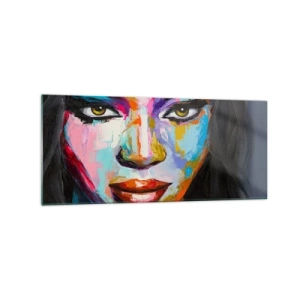 Quadro su vetro - Un ritratto colorato di una donna dallo sguardo intenso - 120x50cm - Non si può staccare lo sguardo - Decorazione murale moderna per soggiorno e camera da letto ARTTOR
