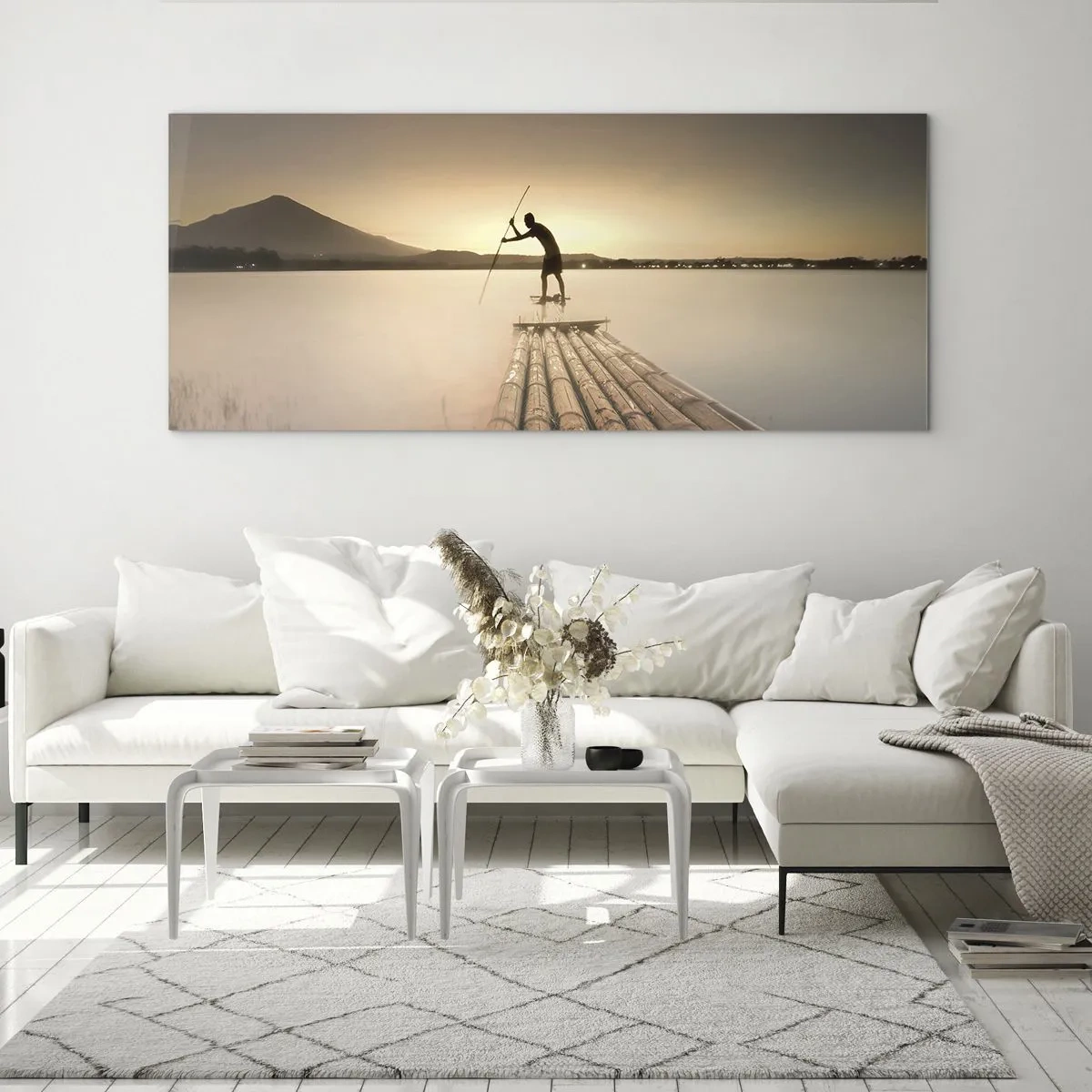 Quadro su vetro - Uomo su una zattera al tramonto - 160x50cm - Prima del riposo - Decorazione murale moderna per soggiorno e camera da letto ARTTOR