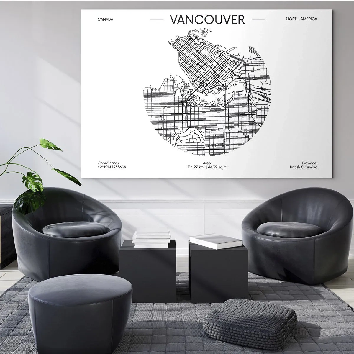 Quadro su vetro - Mappa stradale in bianco e nero di Vancouver - 70x50cm - Anatomia Vancouver - Decorazione murale moderna per soggiorno e camera da letto ARTTOR