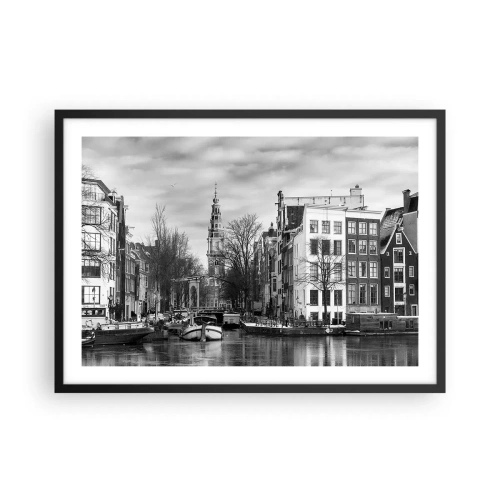 Poster in cornice nera - Panorama in bianco e nero di Amsterdam con canale ed edifici storici - 70x50cm - Atmosfera di Amsterdam - Decorazione murale moderna per soggiorno e camera da letto ARTTOR