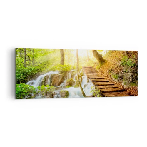 Quadro su tela - Stampe su Tela - Sentiero nel bosco con scale in legno vicino alla cascata - 140x50cm - Bramata freschezza - Decorazione murale moderna per soggiorno e camera da letto ARTTOR