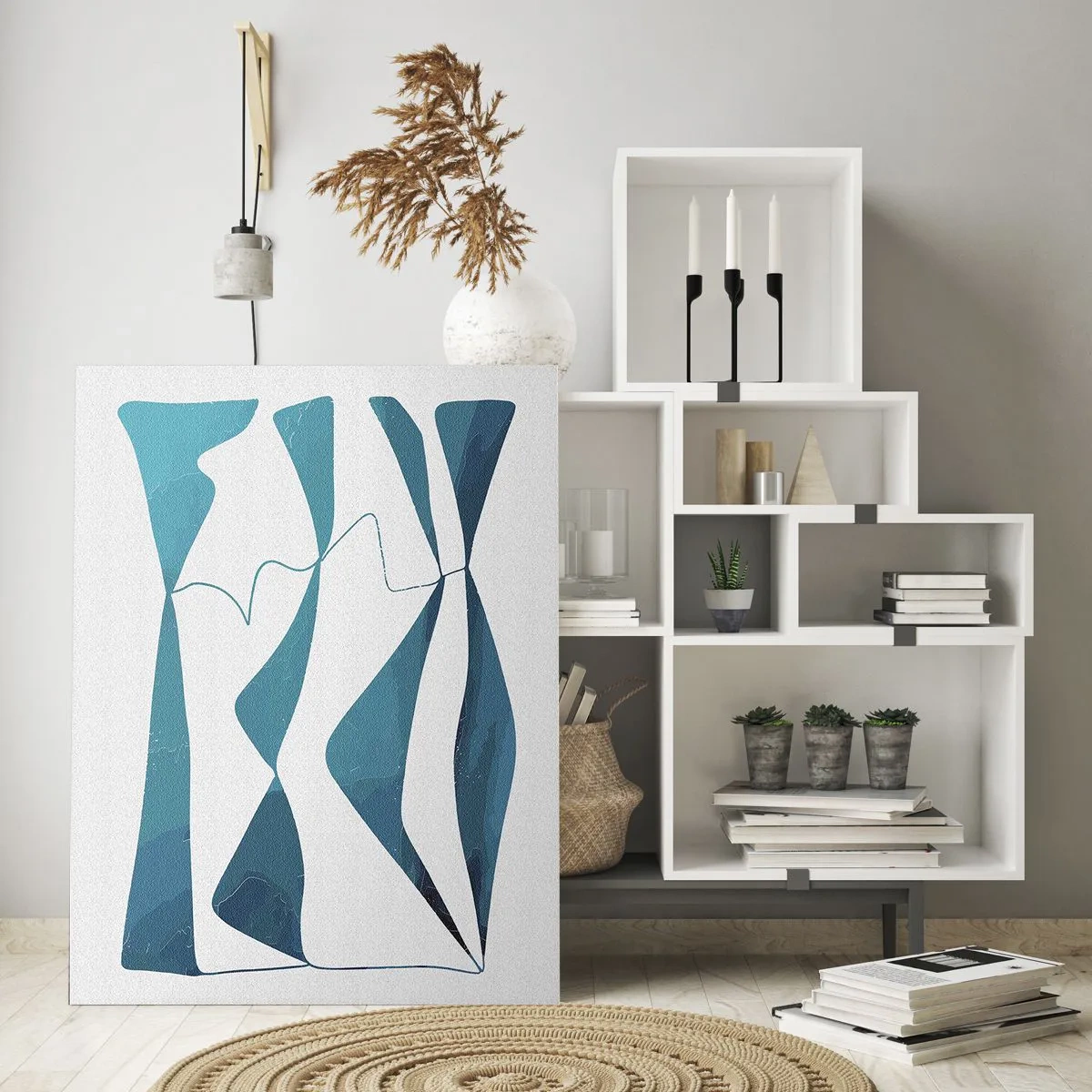 Quadro su vetro - Forme astratte nelle tonalità del blu su sfondo bianco - 80x120cm - Astrazione: legame turchese - Decorazione murale moderna per soggiorno e camera da letto ARTTOR