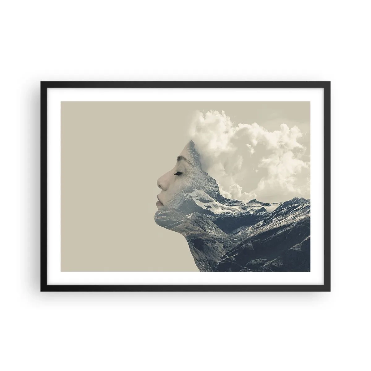 Poster in cornice nera - Silhouette di una donna con un paesaggio montano sullo sfondo - 70x50cm - La bellezza degli elementi - Decorazione murale moderna per soggiorno e camera da letto ARTTOR