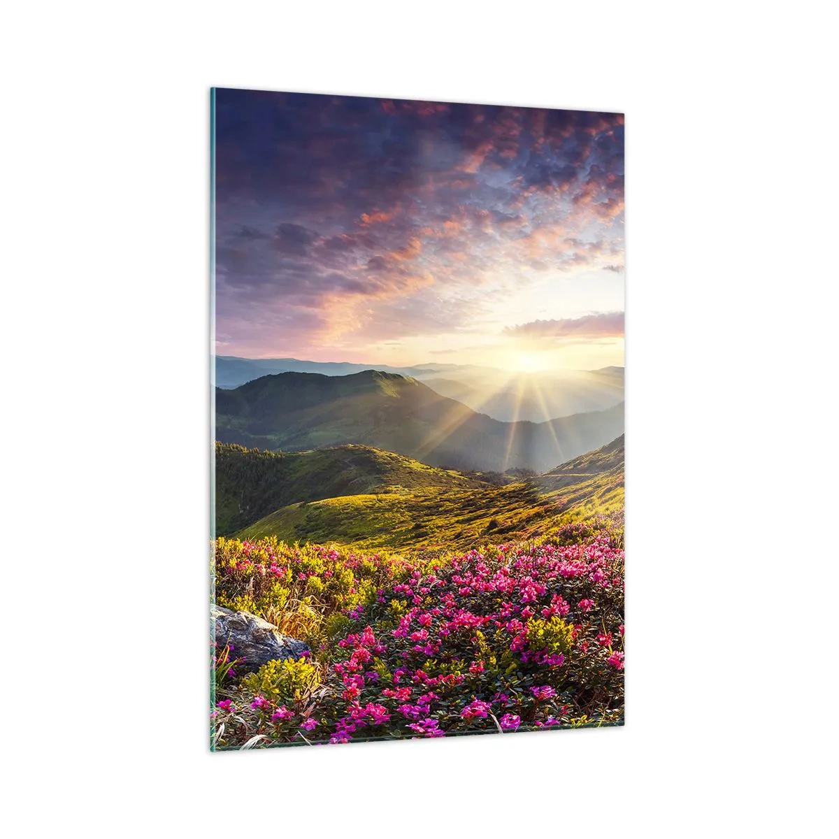 Quadro su vetro - Paesaggio montano all'alba con fiori in fiore - 50x70cm - La freschezza di un mattino sui monti - Decorazione murale moderna per soggiorno e camera da letto ARTTOR