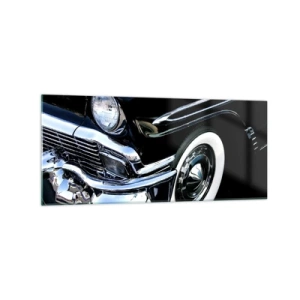 Quadro su vetro - Primo piano del faro e del parafango di un'auto classica nera - 120x50cm - Classicità in argento, nero e bianco - Decorazione murale moderna per soggiorno e camera da letto ARTTOR