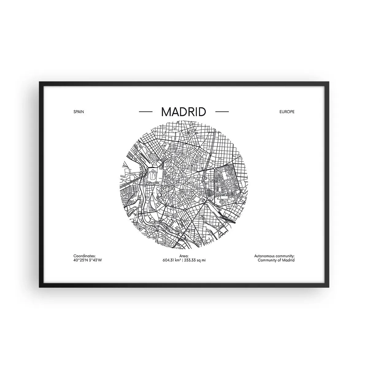 Poster in cornice nera - Mappa di Madrid in stile minimalista in bianco e nero - 100x70cm - Anatomia di Madrid - Decorazione murale moderna per soggiorno e camera da letto ARTTOR