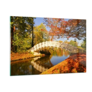 Quadro su vetro - Un ponte di legno sopra un fiume circondato dai colori autunnali - 120x80cm - Sul bianco ponticello dei sospiri - Decorazione murale moderna per soggiorno e camera da letto ARTTOR